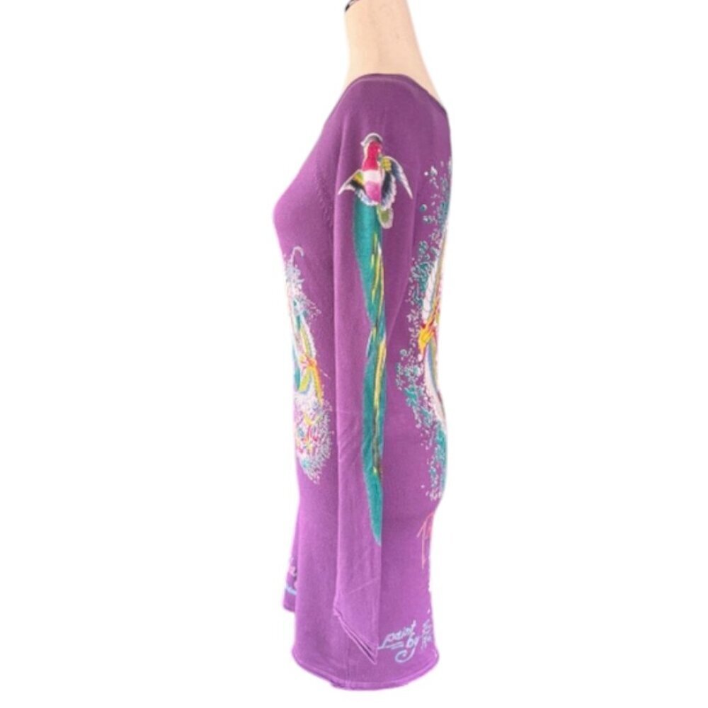 Ed Hardy Sweater Dress Beauty Graphic Print Rhinestone Purple Long Sleeves M EUC - Picture 4 of 16